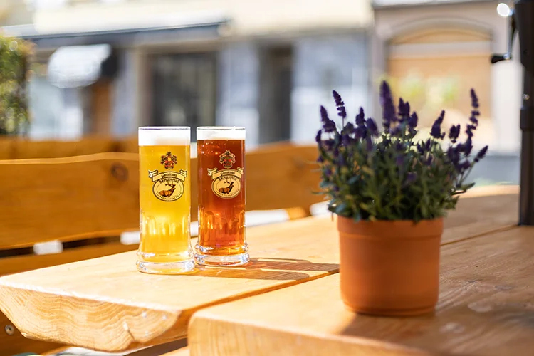 Aufnahme von zwei frisch gezapften Krügen mit köstlichem Eifeler Landbier im geselligen Biergarten des Gemünder Brauhauses im Herzen von Gemünd.